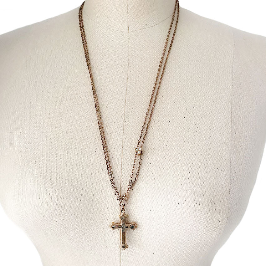 Opal Gold Slide Chain with Antique Gold Filled Cross with Paste Stones