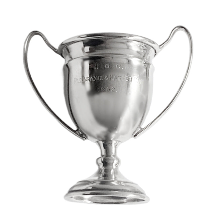 Vintage 1952 Pleasance & Harper silver-plated trophy cup engraved H.G.C. A charming mid-century collectiblefront view.