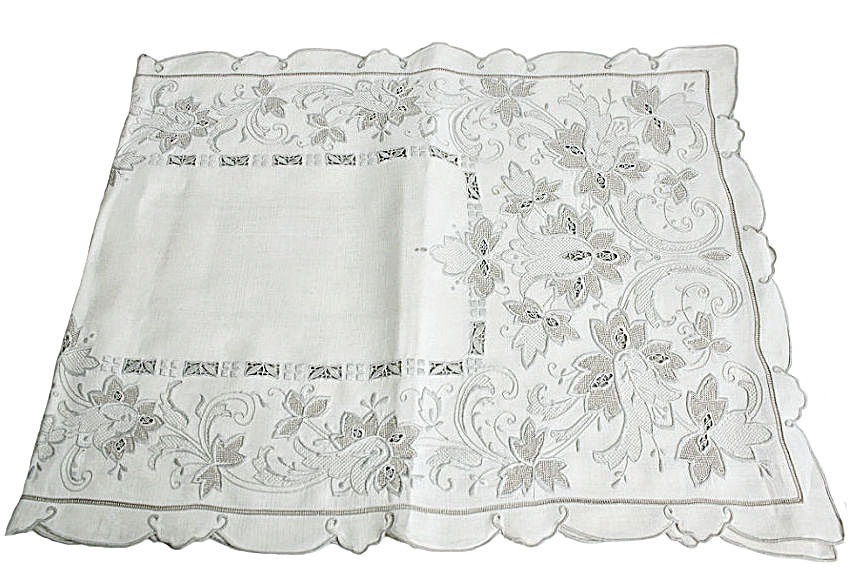Antique Hand Embroidered Linen Place Setting for 6 with Runner Tulips
