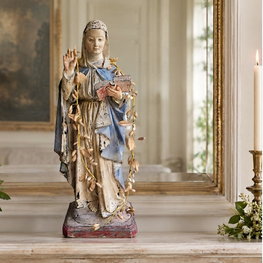 19th Century French Colonial Saint Teresa of Ávila Statue, 22" Polychrome with Wax Flower Garland