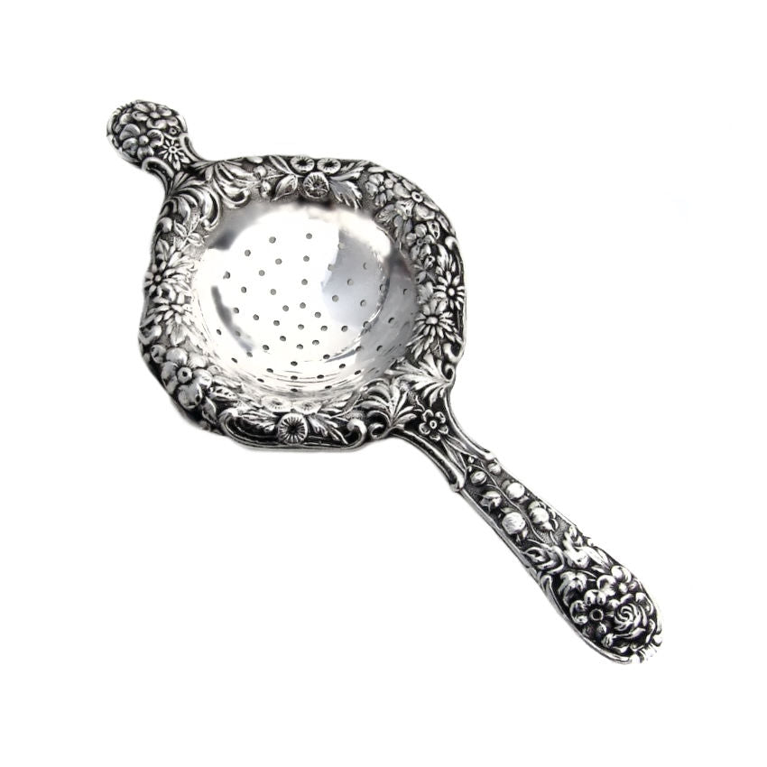 Antique Garden Flowers Sterling Silver Repousse Tea Strainer