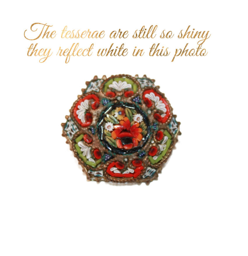 Antique Italian Micro Mosaic Floral Square Brooch Red Rose