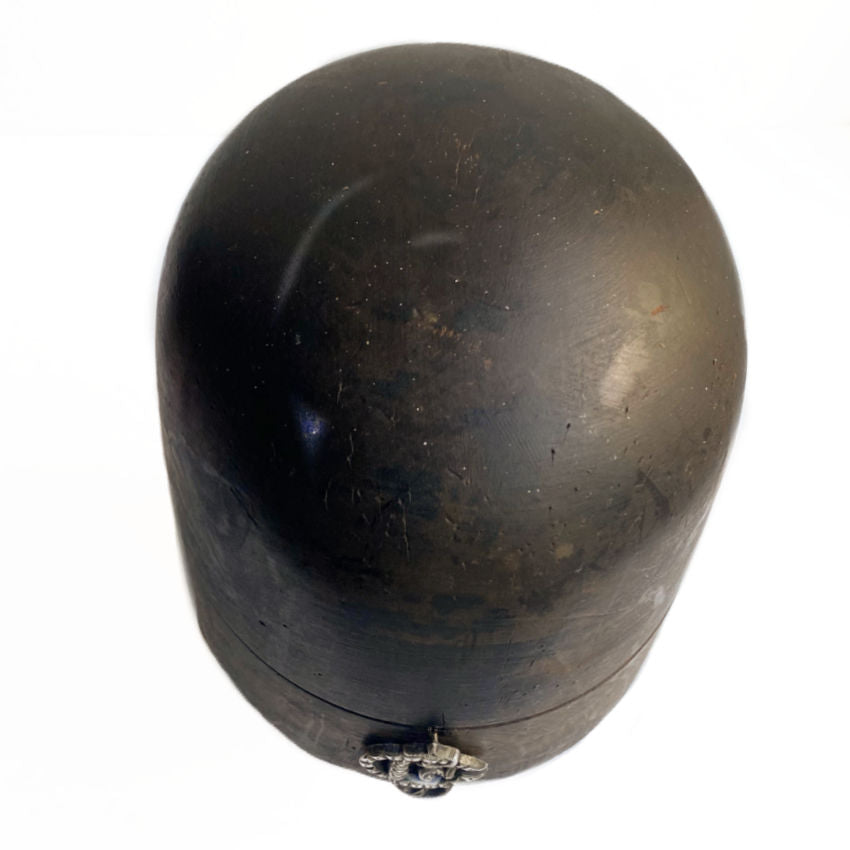 French 19th century wooden millinery hat block with sterling silver monogram. Rare shop display piece with rich patina and sculptural form.