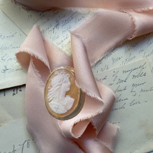 Hand carved shell cameo brooch with classical female portrait, antique style jewelry in unmarked gold setting, refined collectible estate piece. on pink silk french ribbon