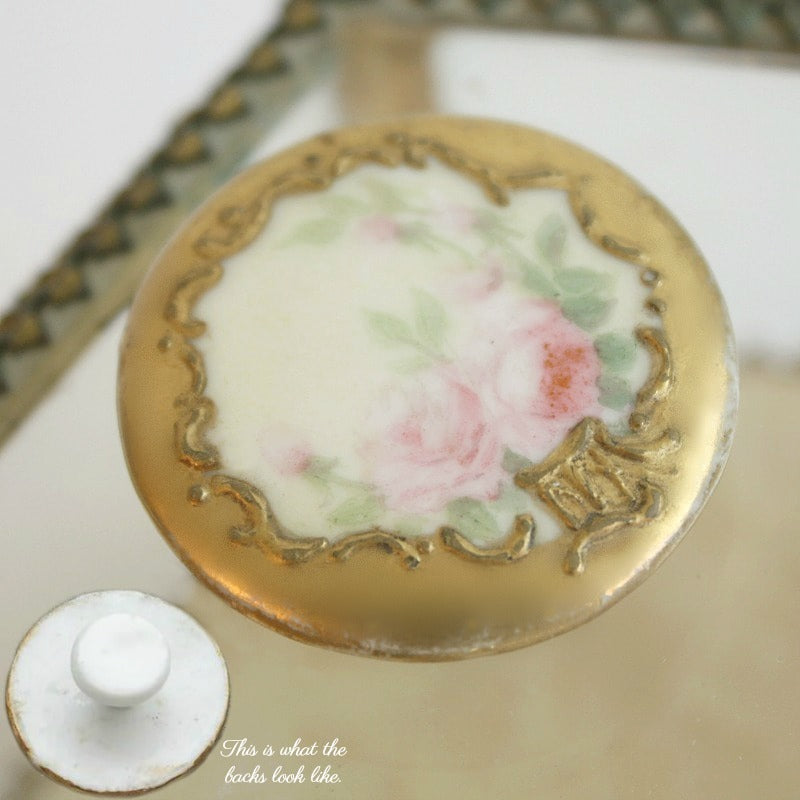 Antique Large Hand Painted Porcelain Buttons Pink Roses Pair