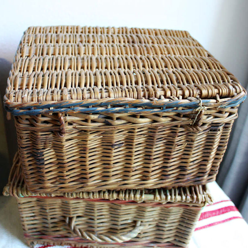 Detail of the basket’s original painted finish  and aged patina, with string closure