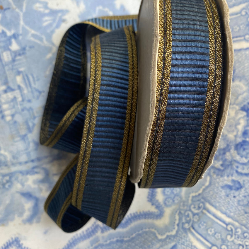 Center Ribbed Ribbon Vintage Blue Ribbed Ribbon with Gold Edging - frenchgardenhouse