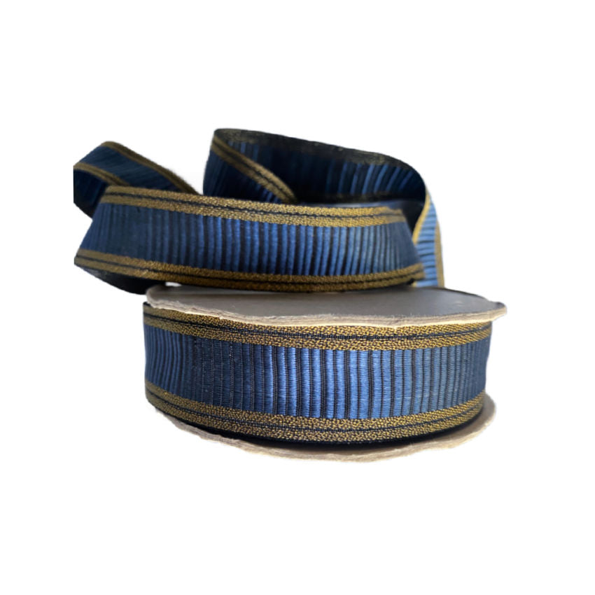Center Ribbed Ribbon Vintage Blue Ribbed Ribbon with Gold Edging - frenchgardenhouse
