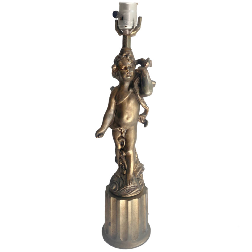 vintage gilt metal cherub table lamp with bird;