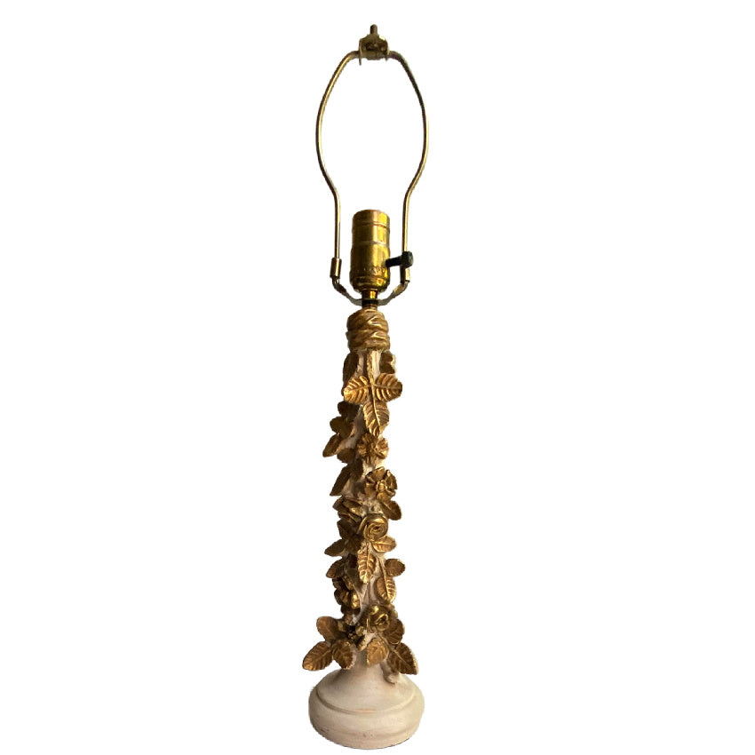 intage gold gilt rose column table lamp with hand-applied floral plaster detailing