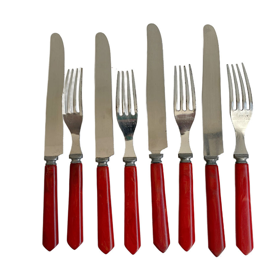 Vintage Red Bakelite Flatware Set for 4