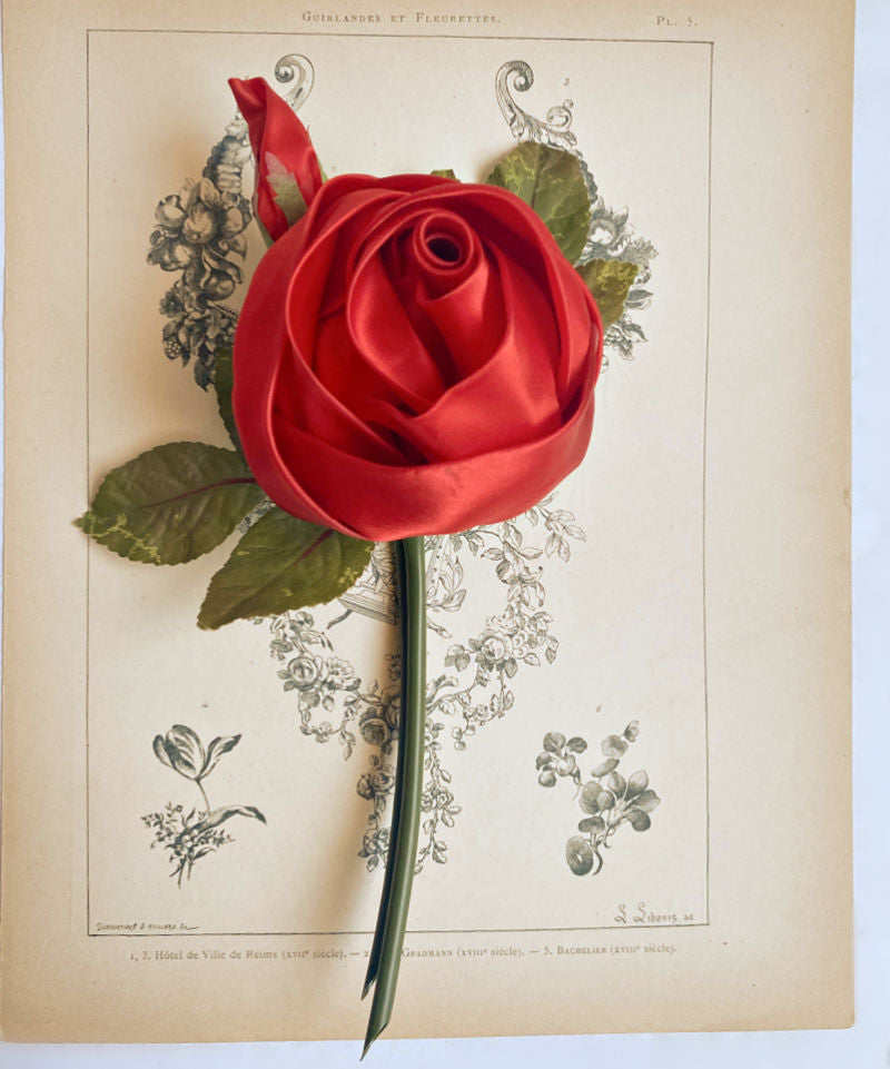 Vintage Millinery Red Satin Rose and Bud
