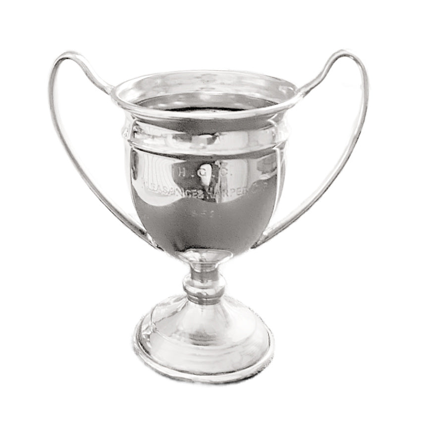 Vintage 1952 Pleasance &amp; Harper silver-plated trophy cup engraved H.G.C. A charming mid-century collectible with light age wear and small dents top view