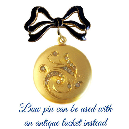 Black Enamel Bow Pin Watch with Swiss André Rivollé Movement