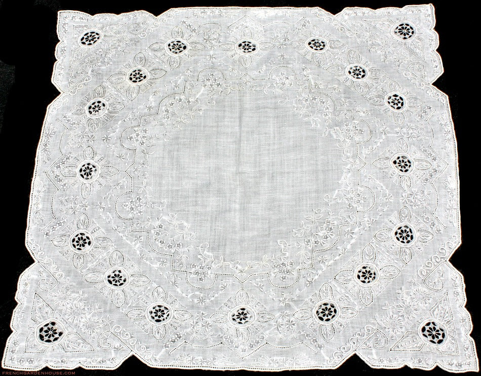An hand embroidered Swiss linen handkerchief with a floral and geometric pattern, Appenzell.
