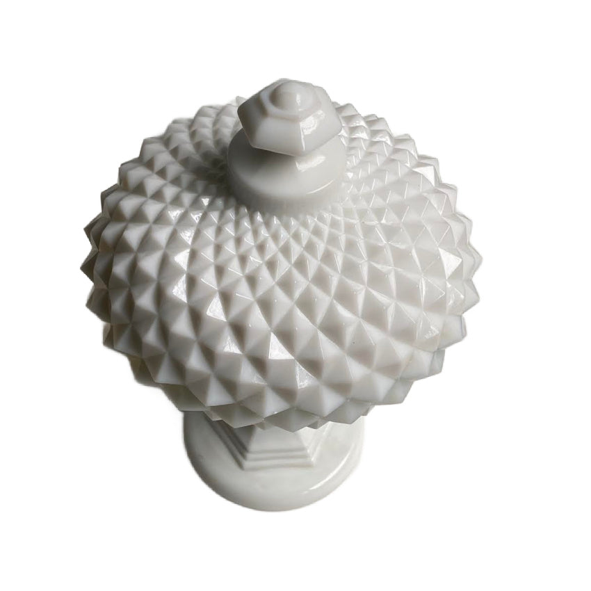Diamond point patterned milk glass covered dish top finial