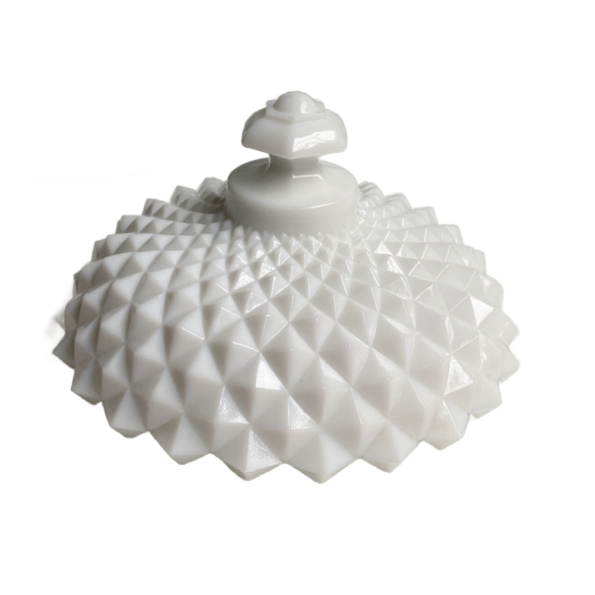 Milk glass lidded compote bowl for cookies and macarons lid detail