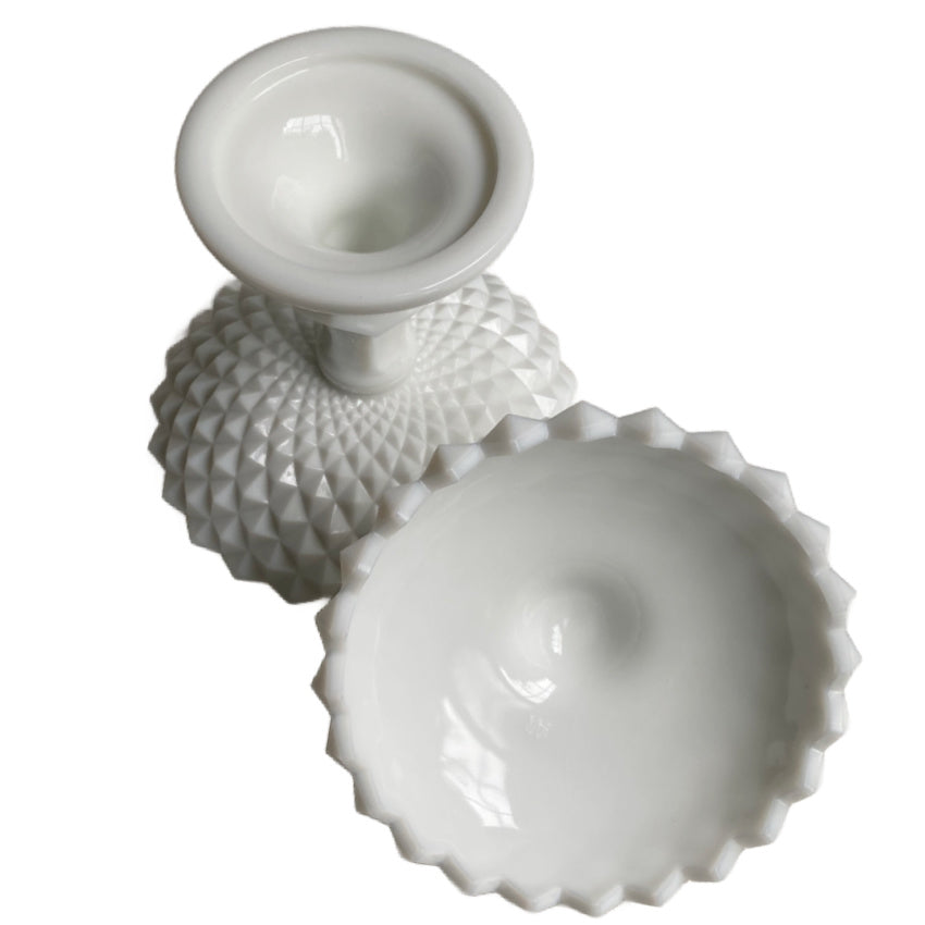 Diamond point patterned milk glass covered dish bottom view