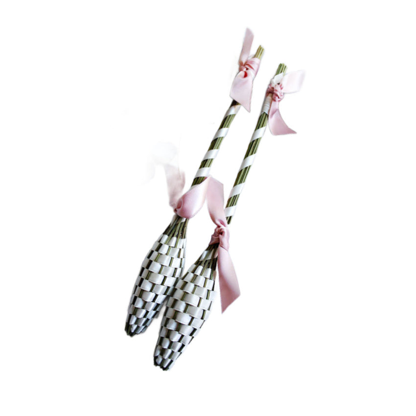 Set of two large handwoven French lavender wands with white silk ribbons. 