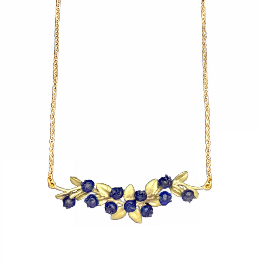 Blueberry bar necklace in patinated bronze, horizontal botanical berry pendant with nature-inspired detail, perfect for modern layered jewelry styling.