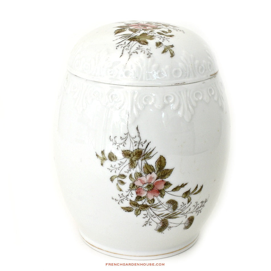 Antique Rare Wild Rose Porcelain Biscuit Barrel