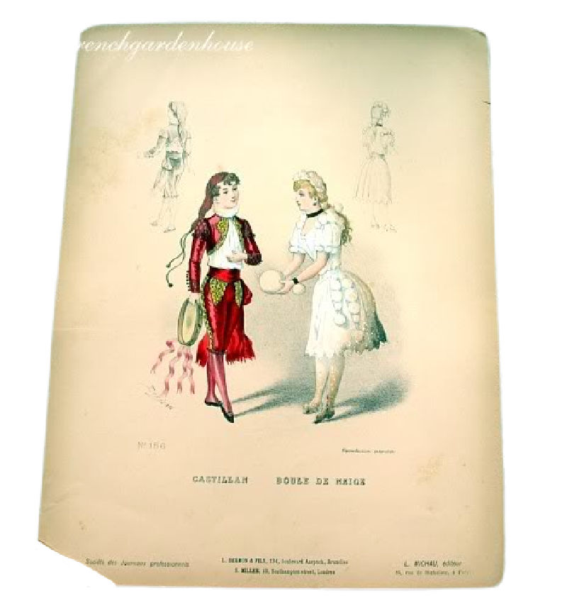 Antique French Costume Pochoir Print 1800s Snowball