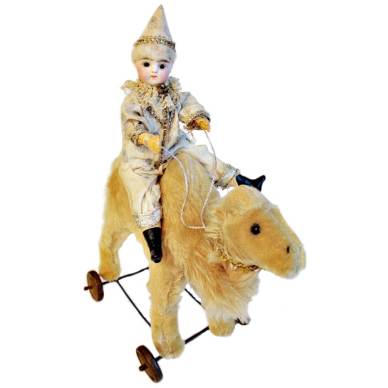 Rare French porcelain doll on Steiff camel