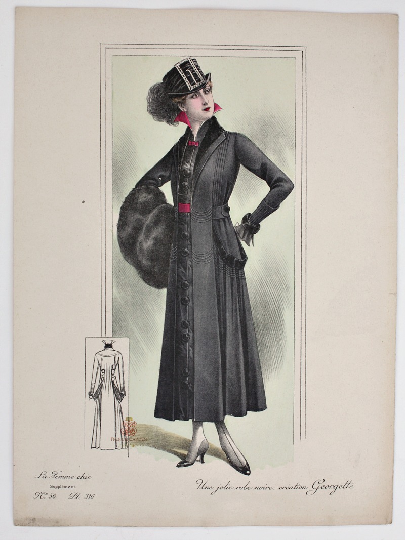 antique Lithograph hand colored Paris Couture