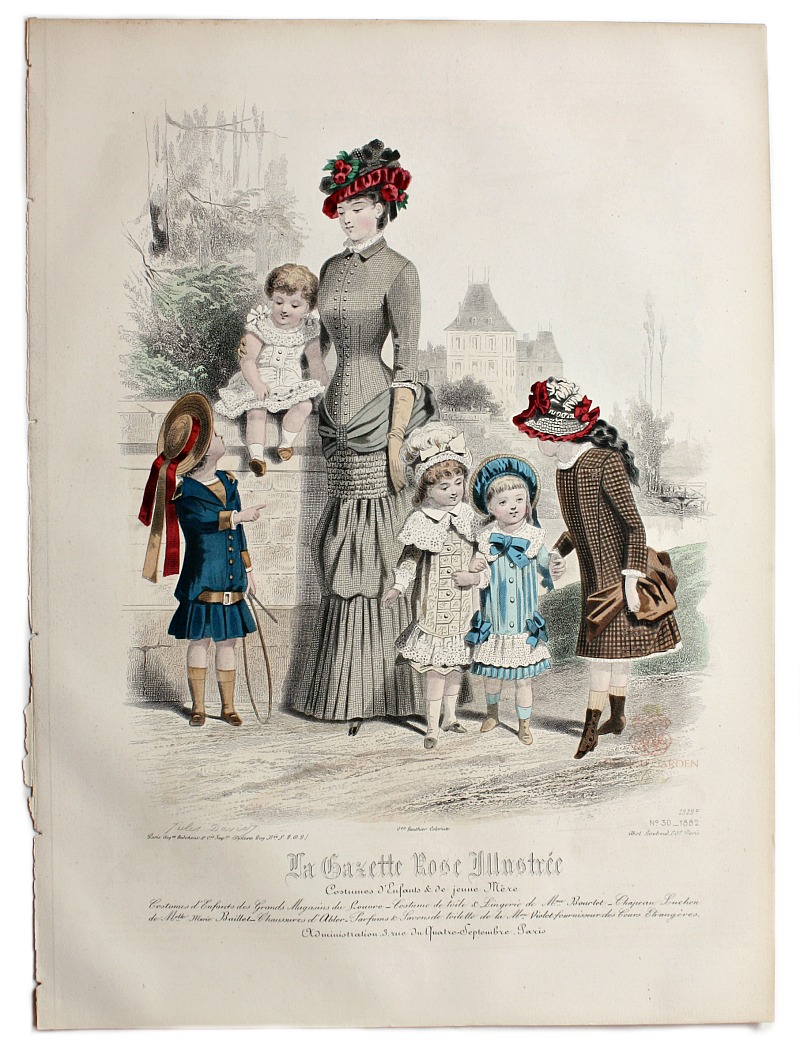 hand colored French Fashion Lithograph sailor dress