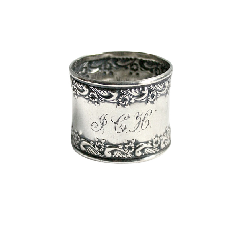 Antique Sterling Repousse Floral Napkin Ring Monogram J C H