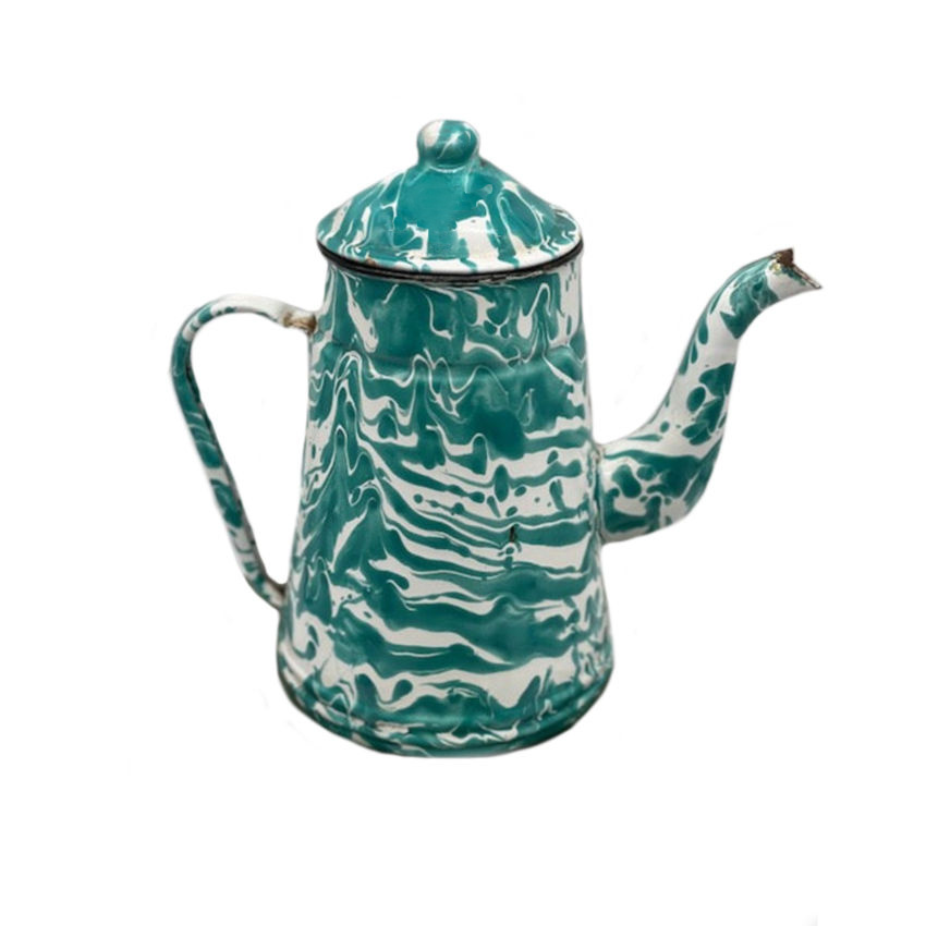 Rare antique French enameled coffee pot green aqua swirl