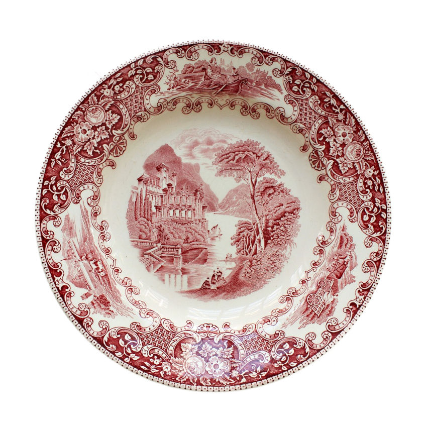 antique red and white transfer scenic plate