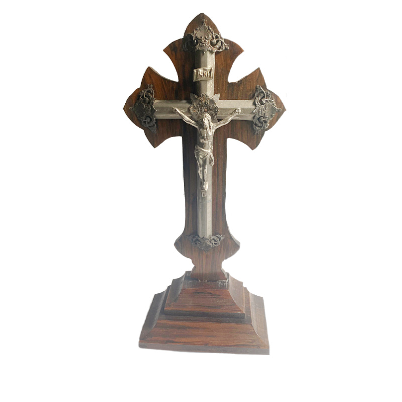 Antique French Silver Carve Wood Altar Cross