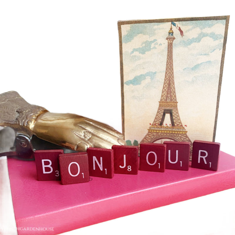 Vintage French bonjour letters and EIffel tower card