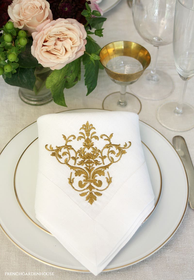 Gold Embroidered Luxury Large Linen Napkins Set 4 