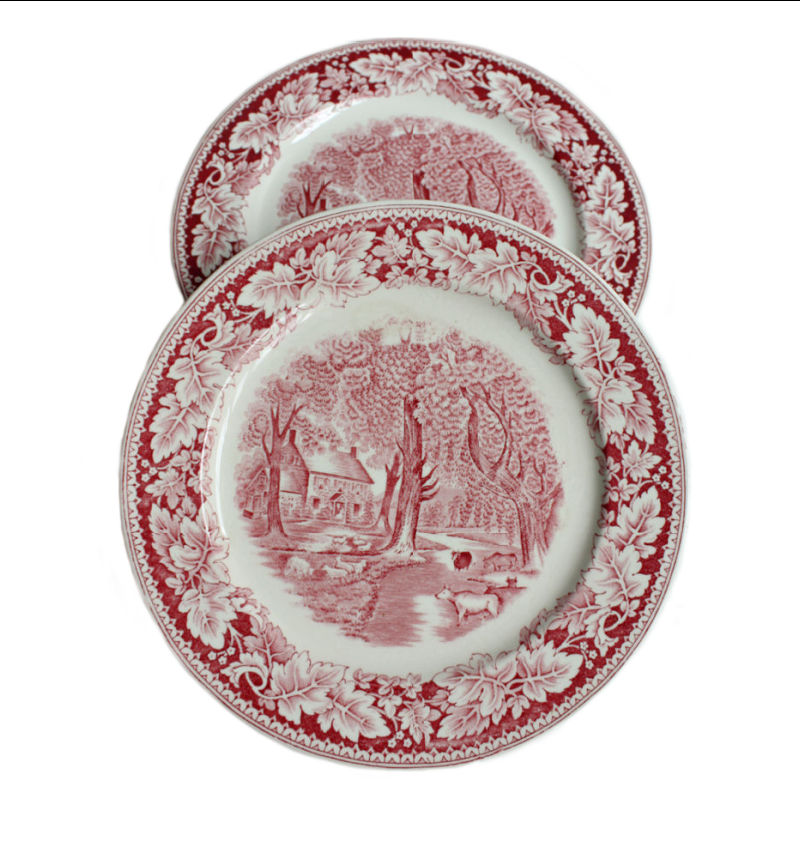 antique red white transfer ironstone Farmhouse Large Plates Set of 2