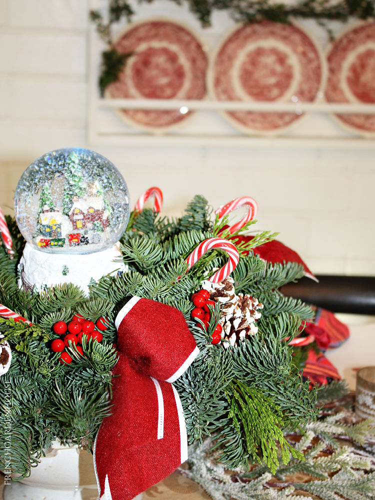 Lynch Creek farm lighted snow globe Christmas centerpiece in French Country kitchen