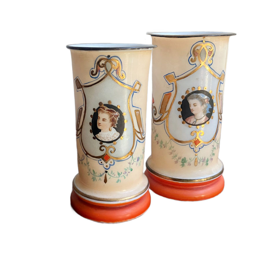 Pair of Antique Hand Painted Opaline Portrait Mantel Vases