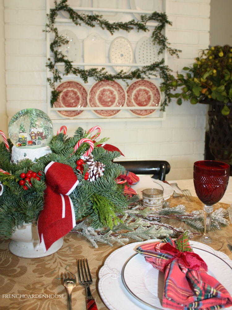 Winter snow globe tablescape in French Country kitchen