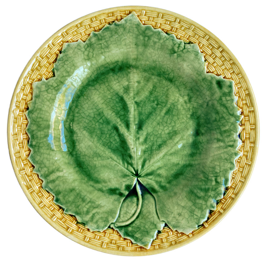 Antique Majolica Plate Vine Leaf On Basketweave