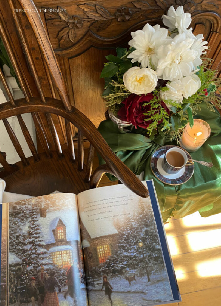 antique chair and Christmas book