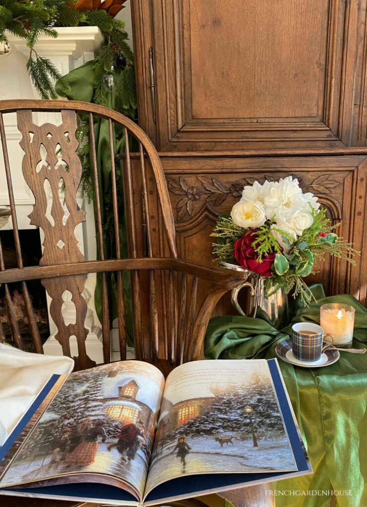 christmas vignette in French COuntry living room