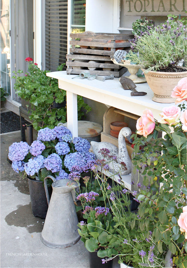 potting bench in french country garden