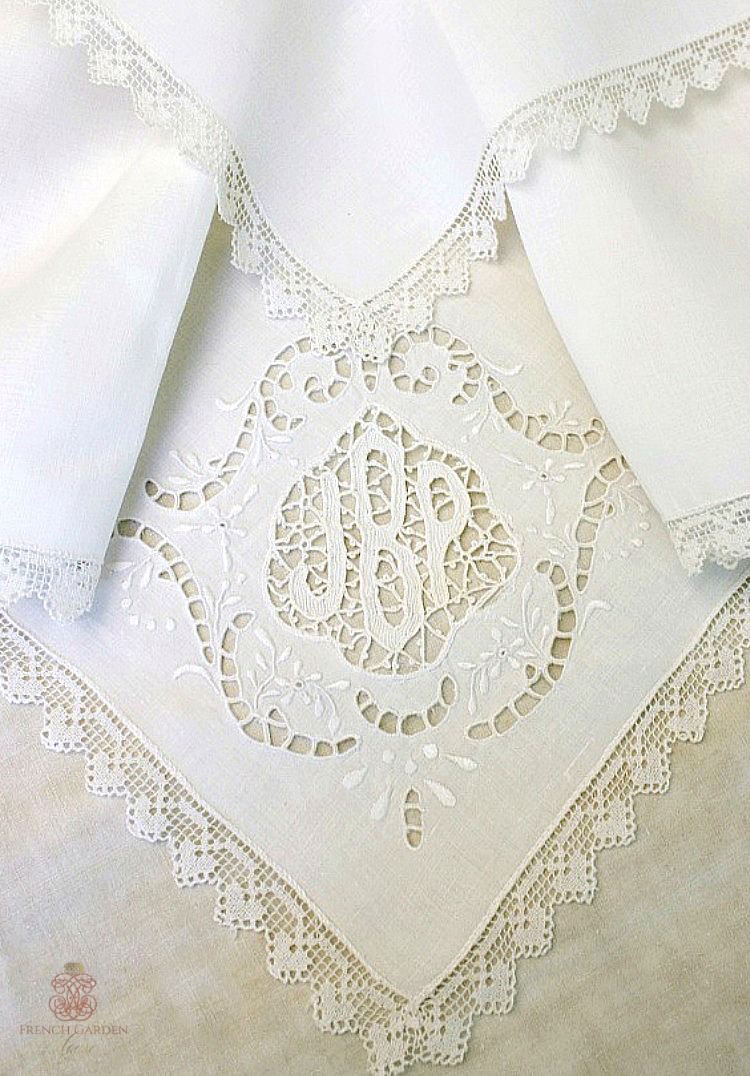 Antique French lace monogram napkin