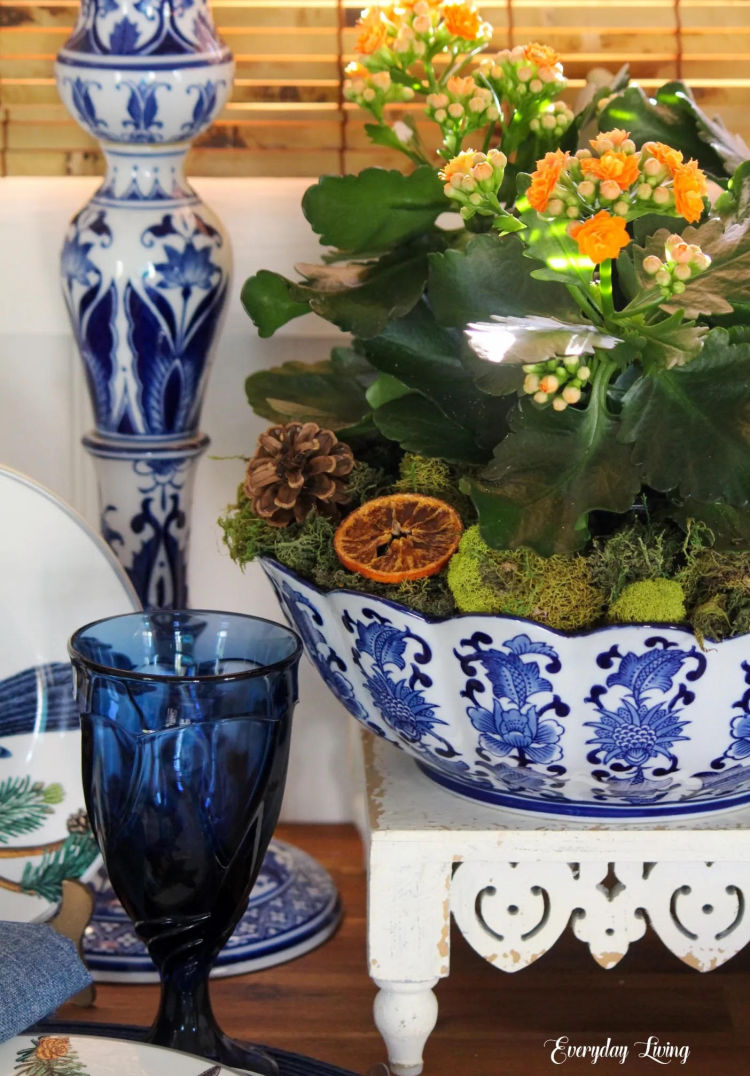 blue and white bowl with flowers