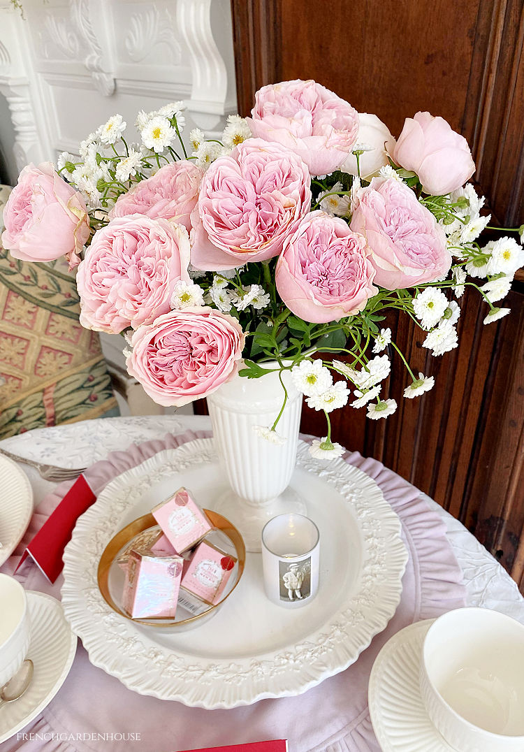 Pink garden roses in Wedgwood vase