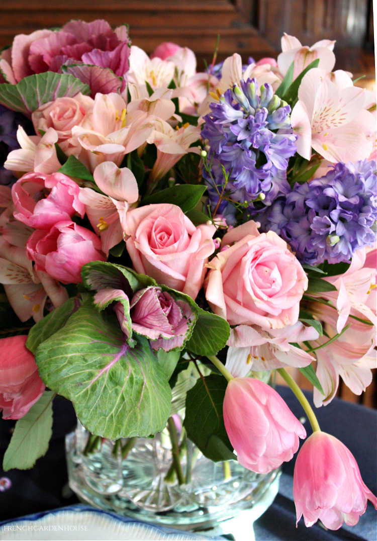 Pink blue spring flower centerpiece