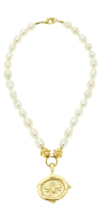 pearl and gold bee 24kt necklace