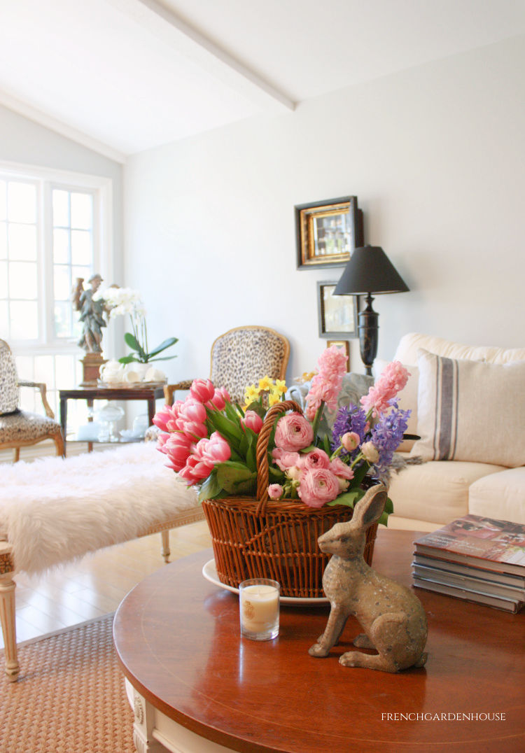 Fresh Spring Flowers in a French Basket