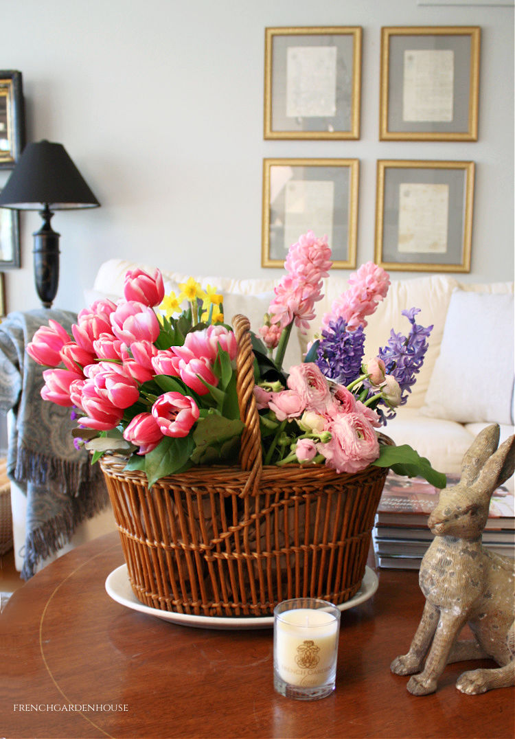 Fresh Spring Flowers in a French Basket